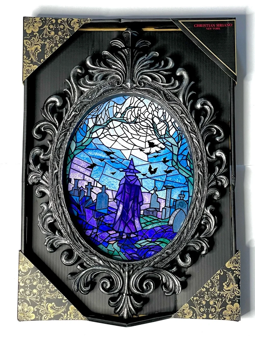 Viral Halloween Witch Cemetery Stained Glass Framed Wall Art